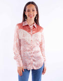 Honey creek peach print blouse w/solid yokes & fringe