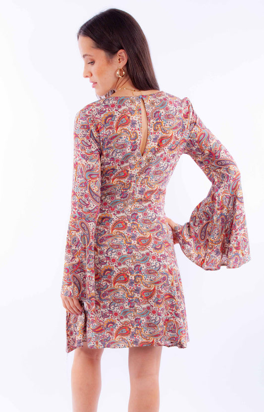 Honey creek tan paisley print dress w/bell sleeves