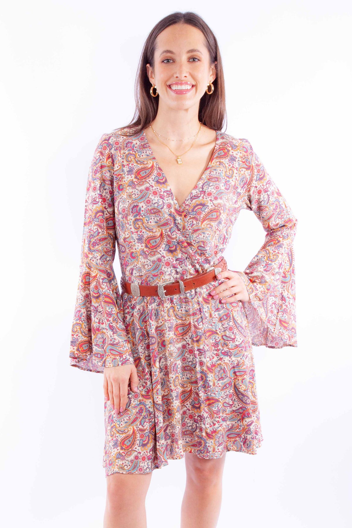 Honey creek tan paisley print dress w/bell sleeves