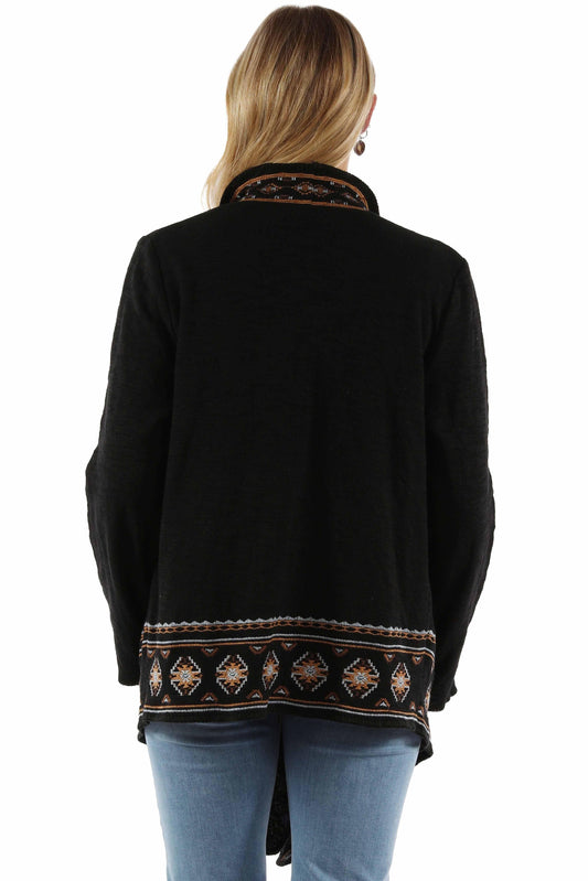 honey creek black 100% cotton waterfall front emb. sweater