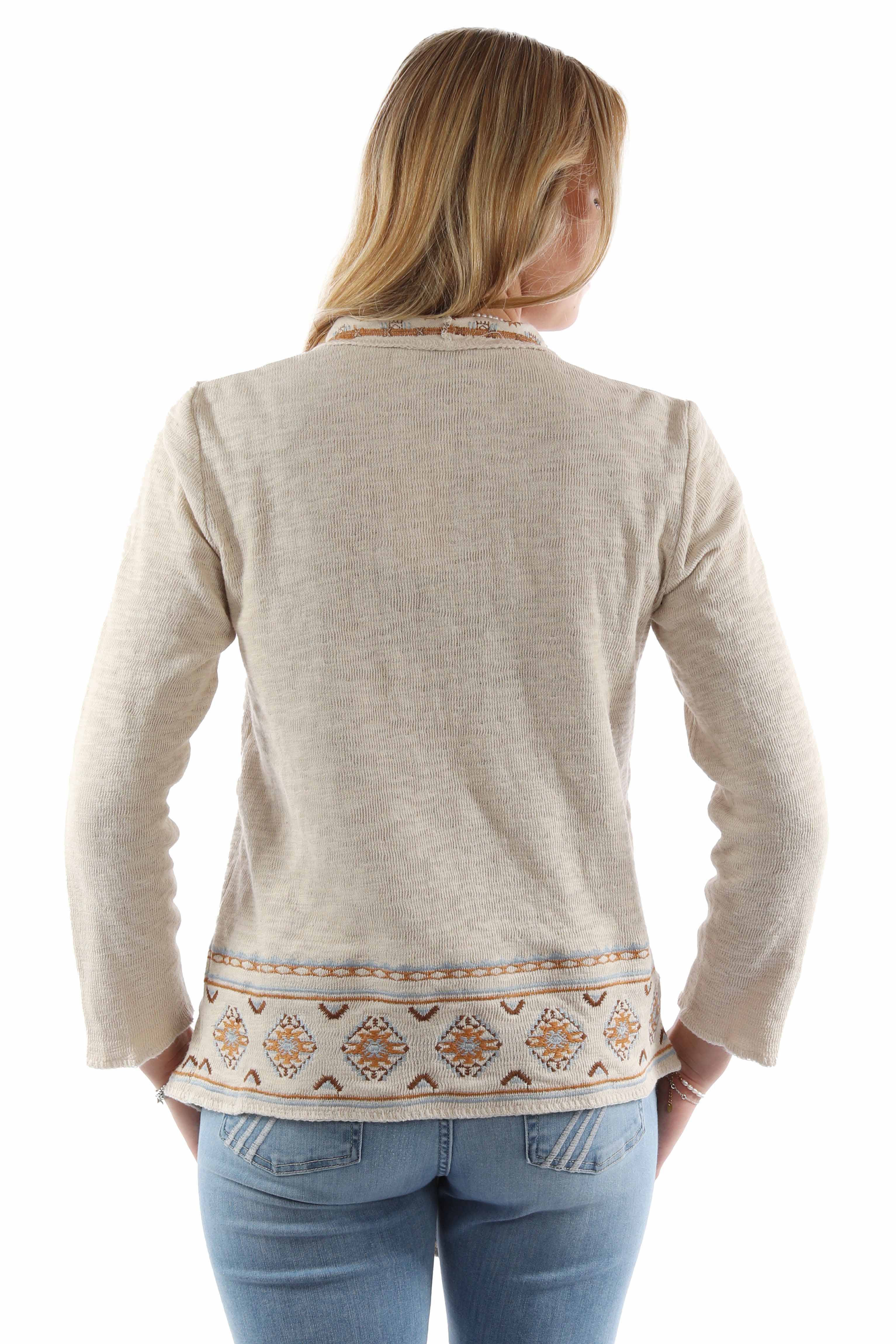 honey creek cream 100% cotton waterfall front emb. sweater