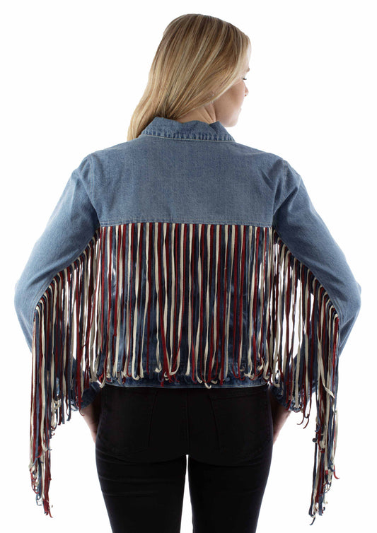 Honey creek red white & blue denim jacket w/vintage fringe colors