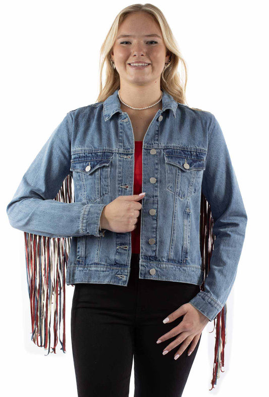 Honey creek red white & blue denim jacket w/vintage fringe colors