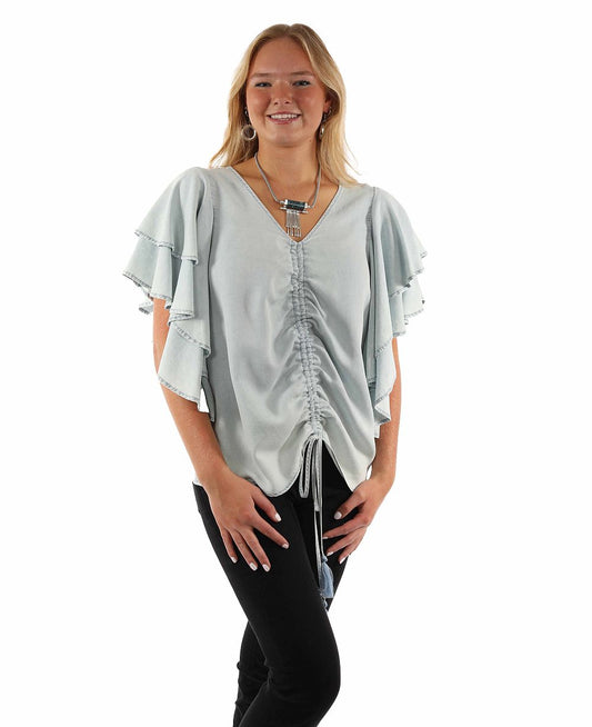 Scully Leather Light Blue Cinche Front Blouse