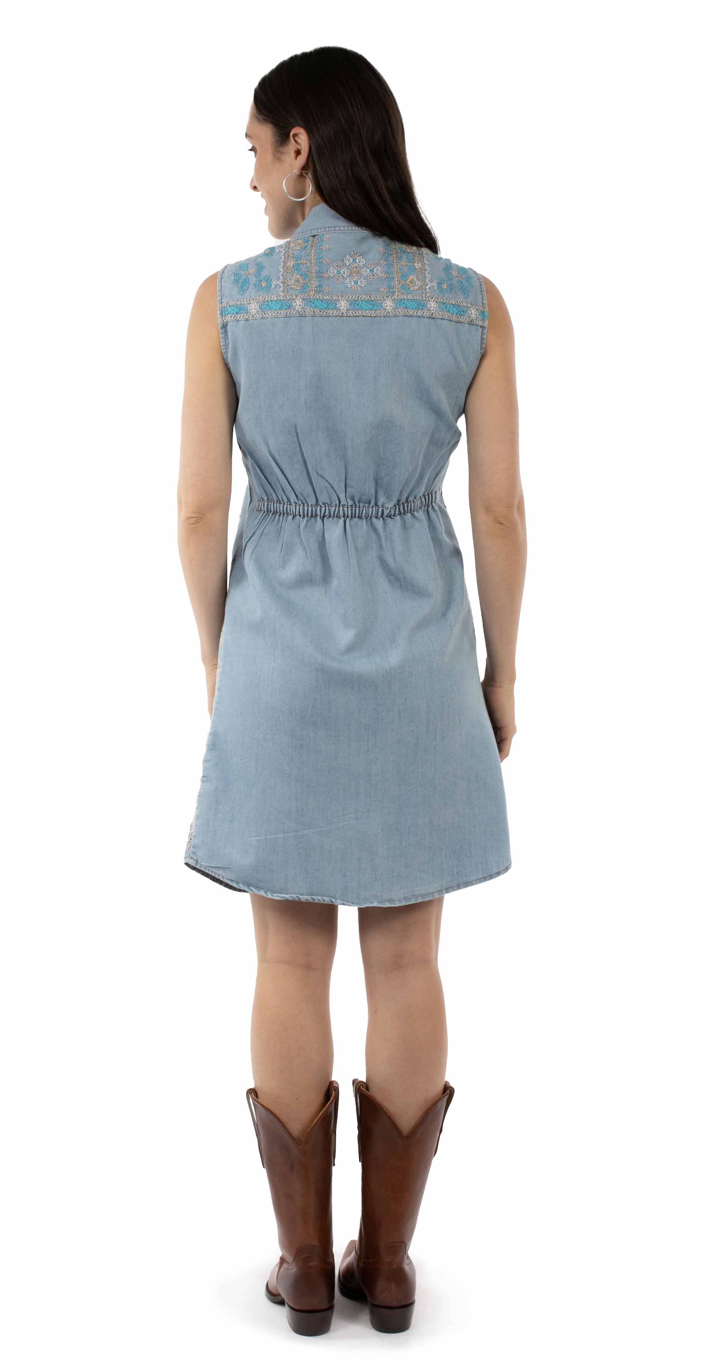 Honey Creek Blue S/L Embroidered Button Front Dress