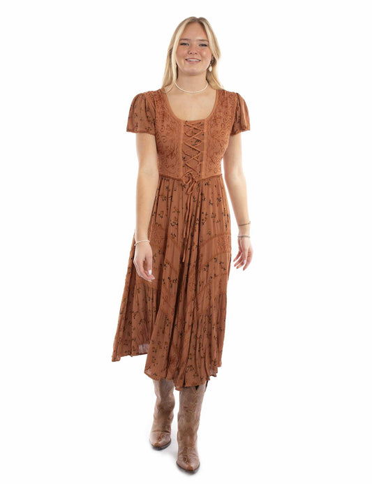 Scully Leather Rust Capsleeve Printed Lace Front Dress Hc959