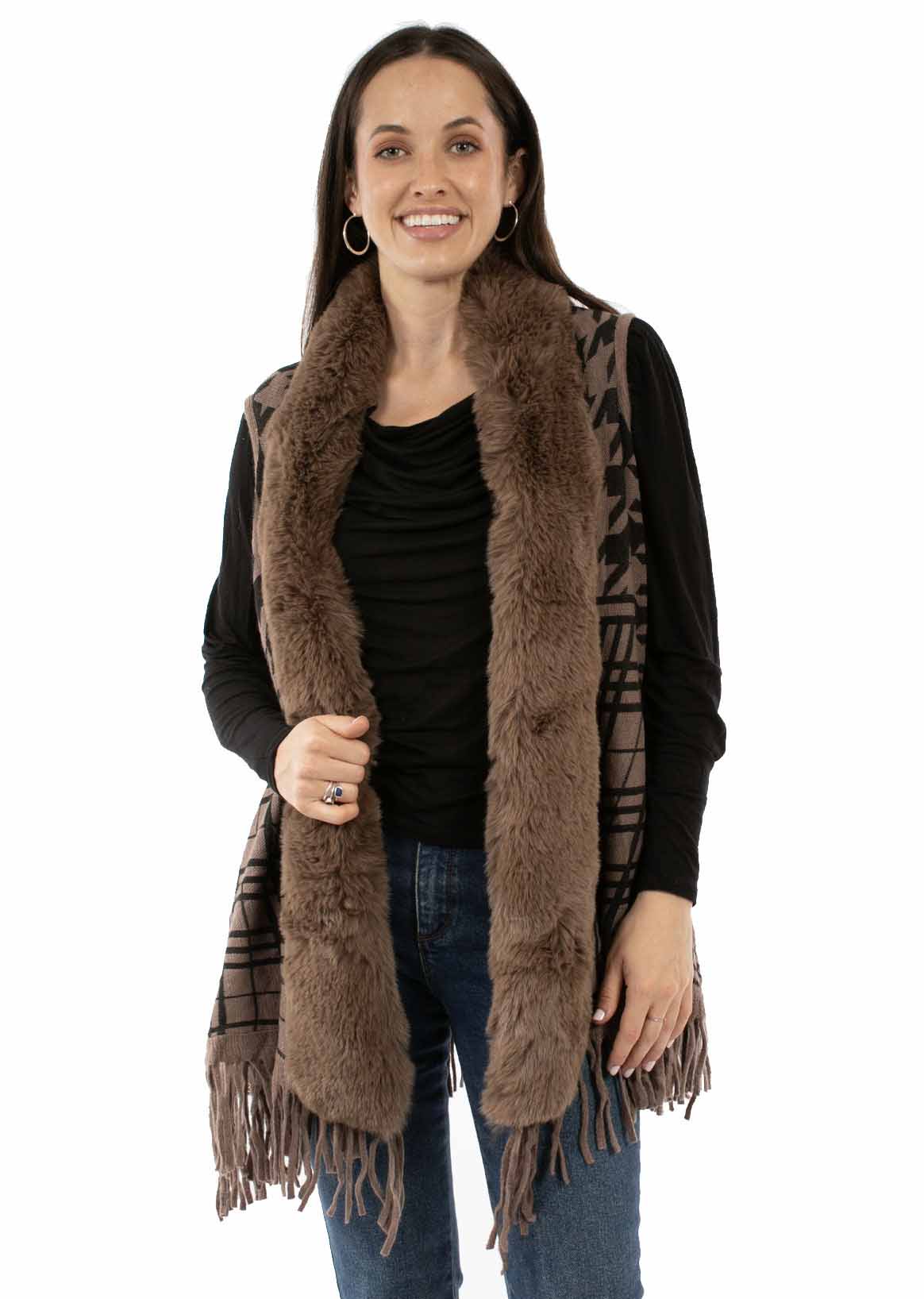 Scully Leather Brown Houndstooth Faux Fur Trim Cardigan Hc968