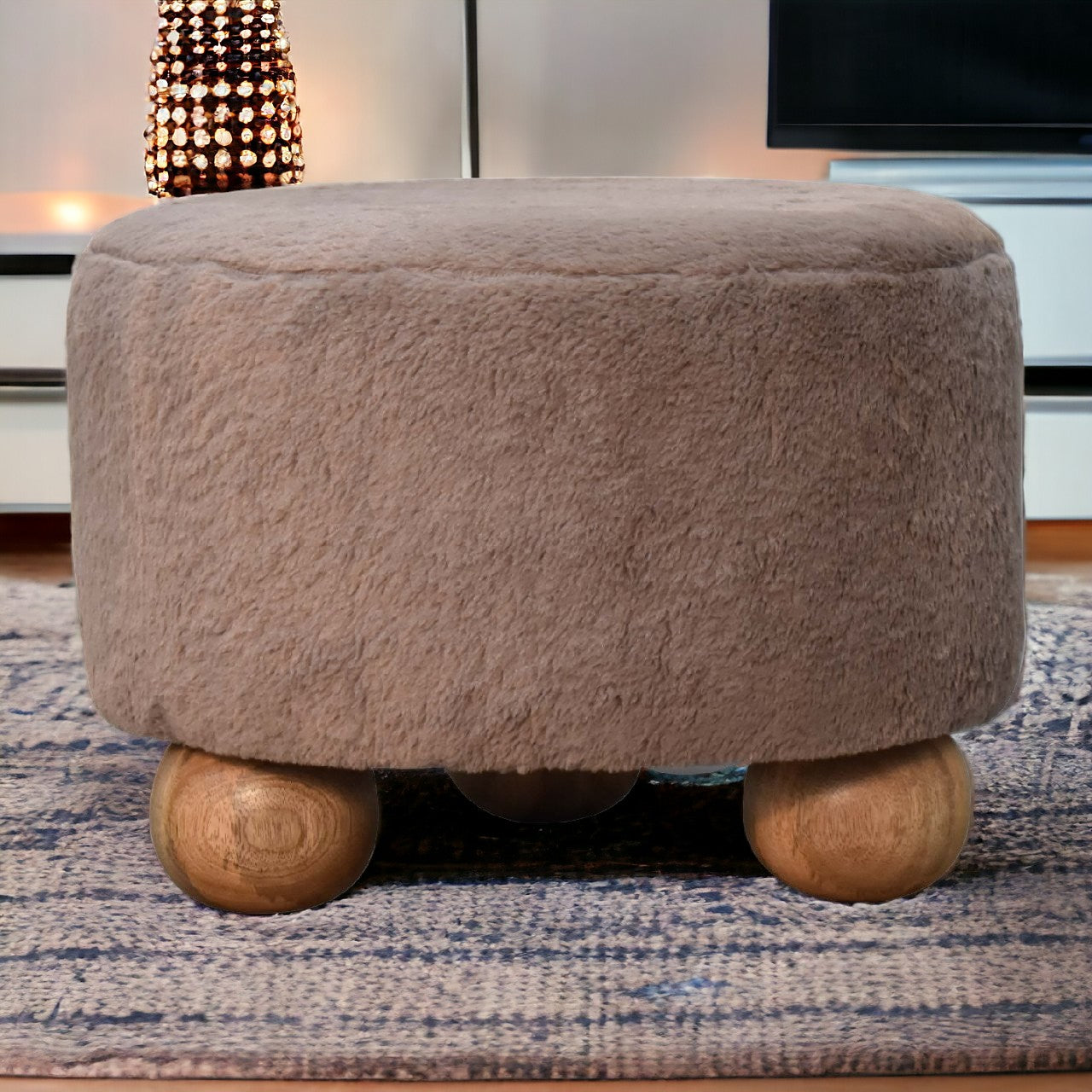 Mocha Faux Fur Round Ball Footstool