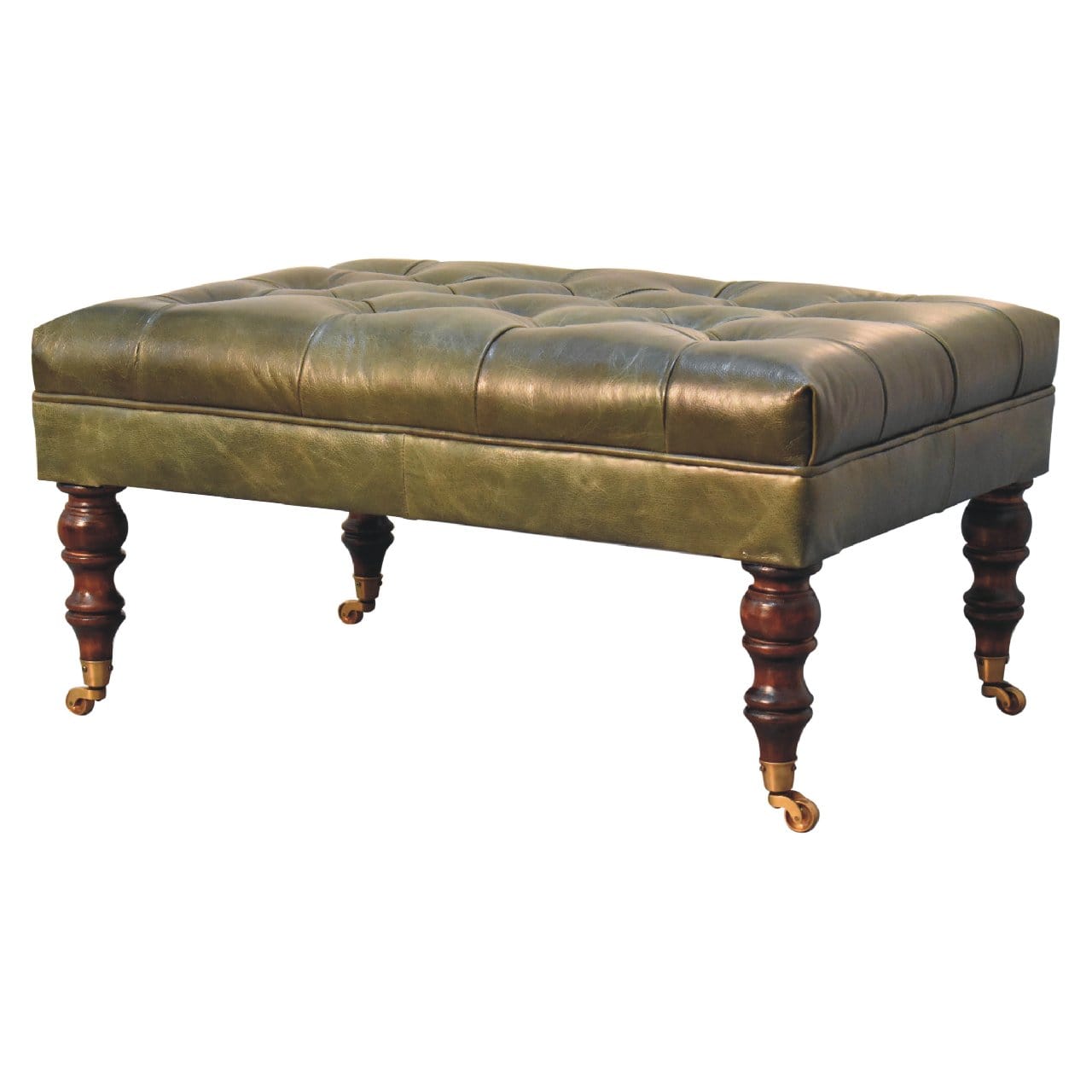 Buffalo Green Leather Ottoman with Castor Legs - Artisan Furniture