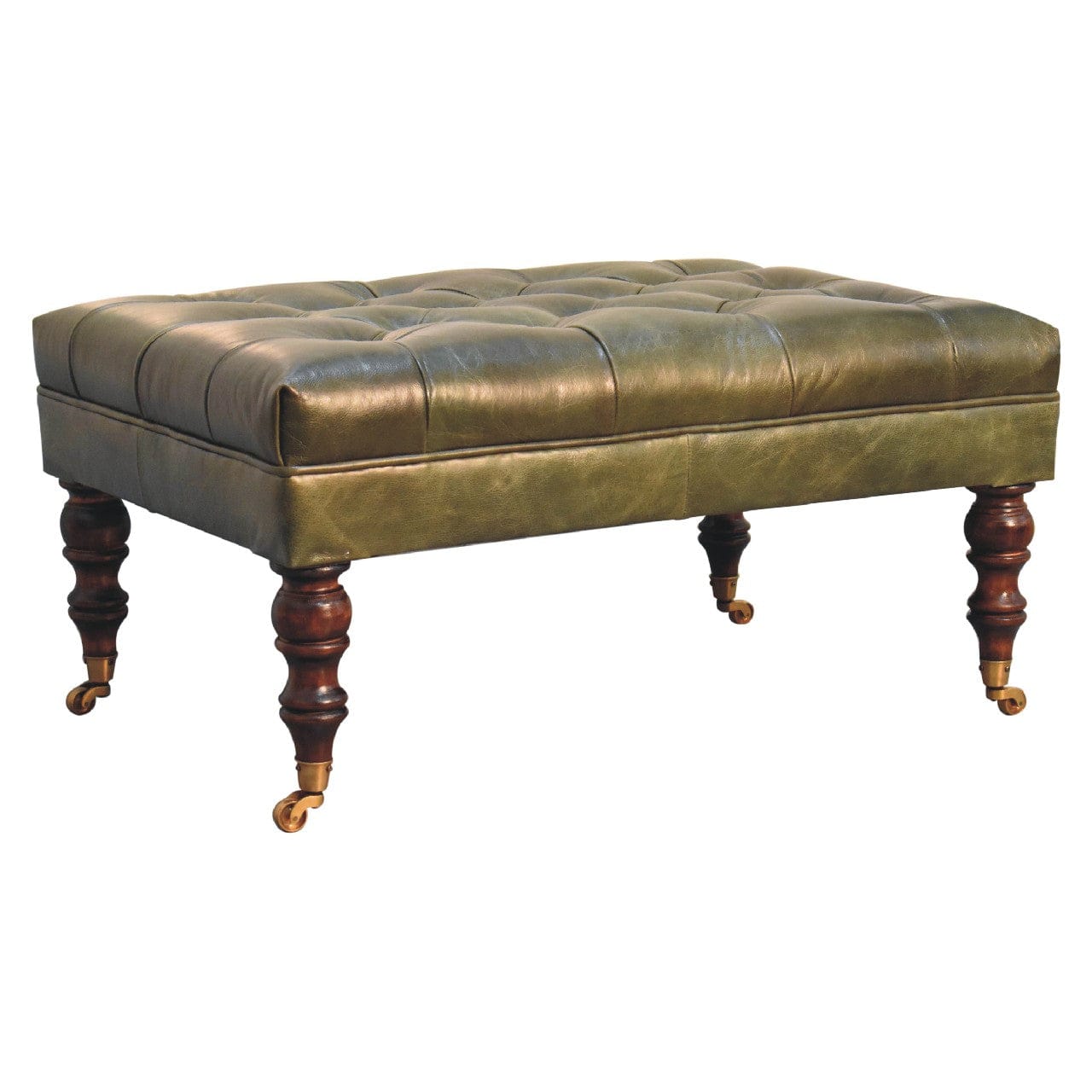 Buffalo Green Leather Ottoman with Castor Legs - Artisan Furniture