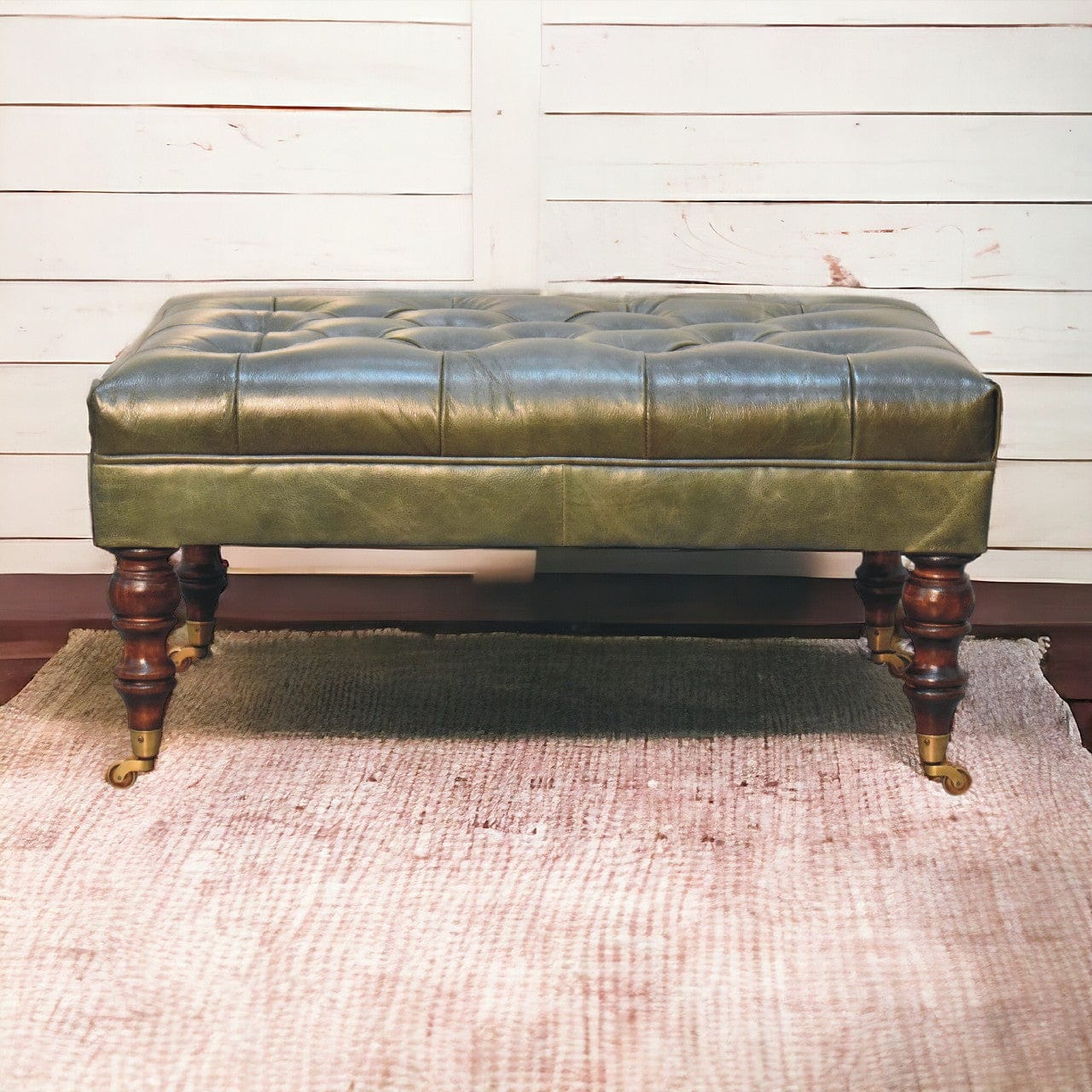 Buffalo Green Leather Ottoman with Castor Legs - Artisan Furniture