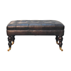 Buffalo Ash Black Leather Ottoman with Castor Legs - Artisan Furniture