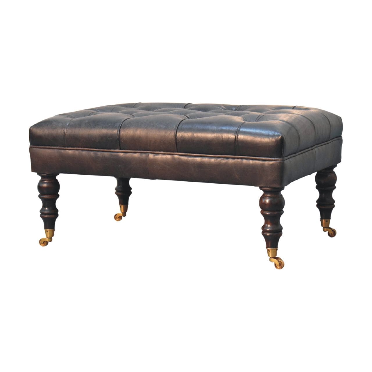 Buffalo Ash Black Leather Ottoman with Castor Legs - Artisan Furniture