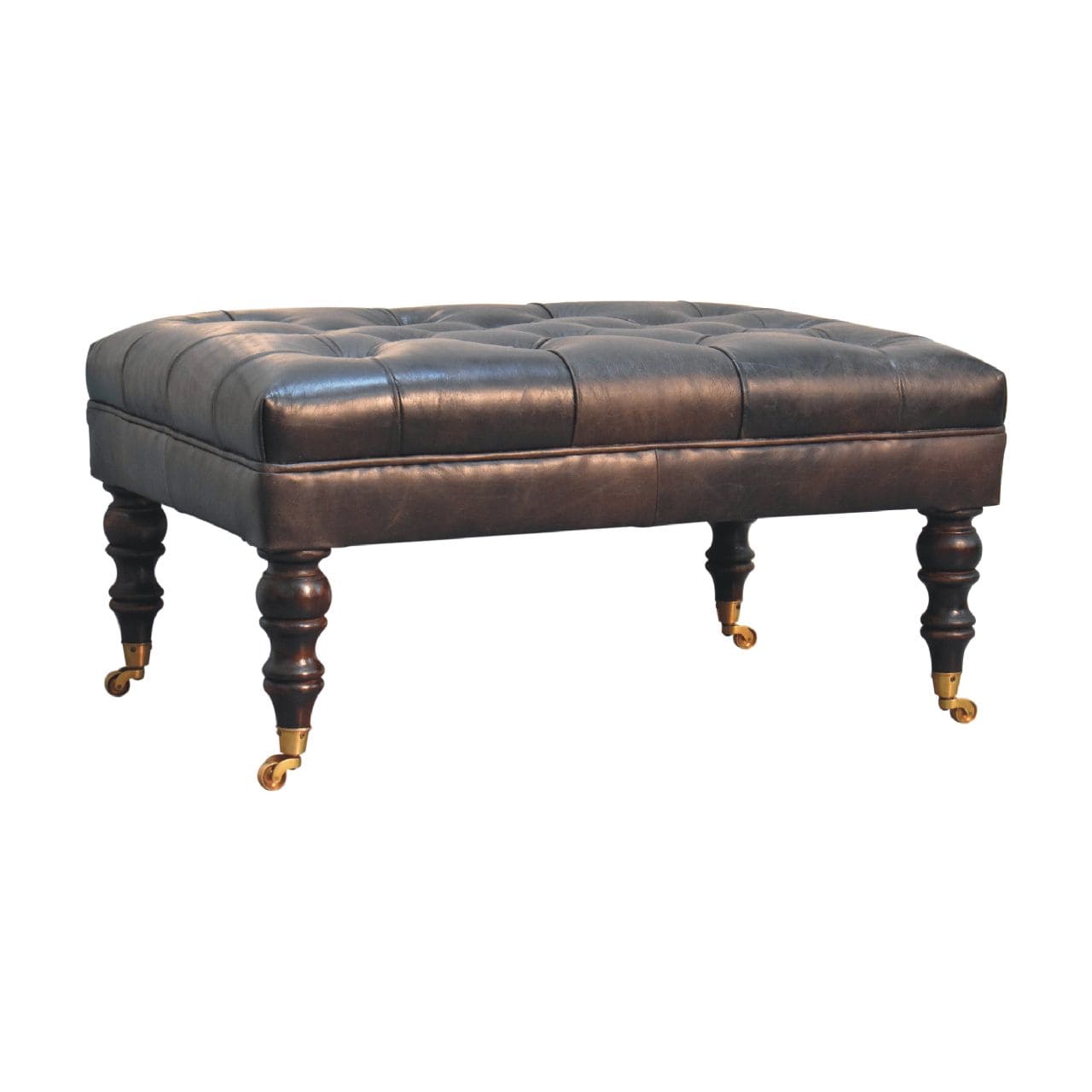 Buffalo Ash Black Leather Ottoman with Castor Legs - Artisan Furniture