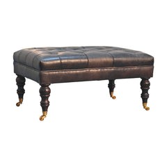 Buffalo Ash Black Leather Ottoman with Castor Legs - Artisan Furniture