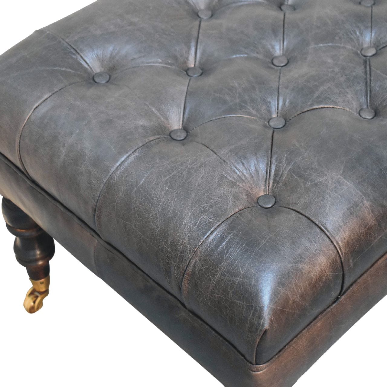 Buffalo Ash Black Leather Ottoman with Castor Legs - Artisan Furniture