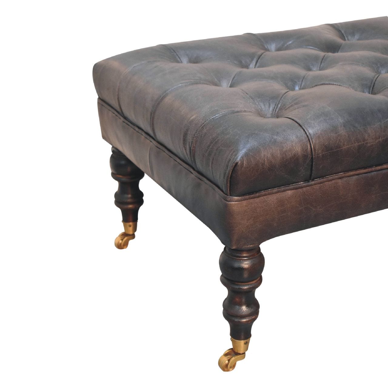 Buffalo Ash Black Leather Ottoman with Castor Legs - Artisan Furniture