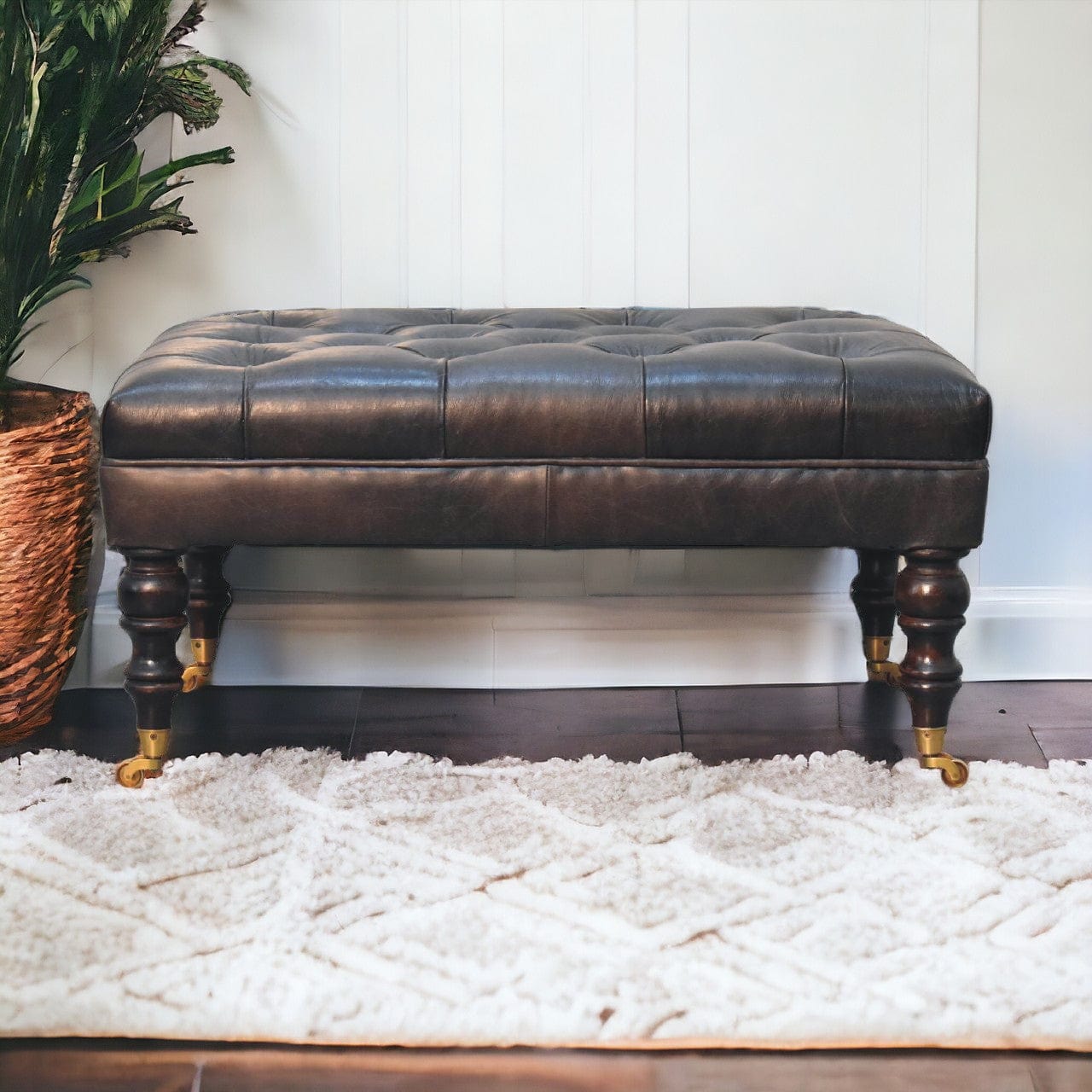 Buffalo Ash Black Leather Ottoman with Castor Legs - Artisan Furniture