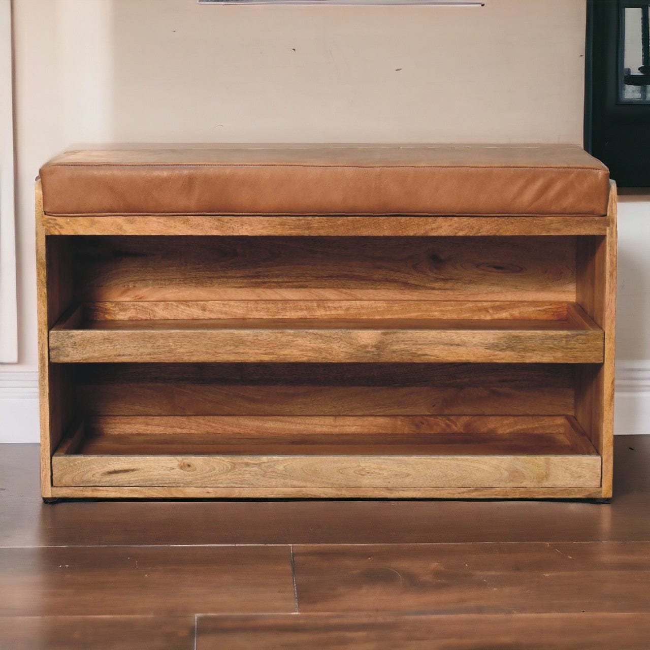 Buffalo Hide Pull out Oak-ish Shoe Storage Bench - Artisan Furniture