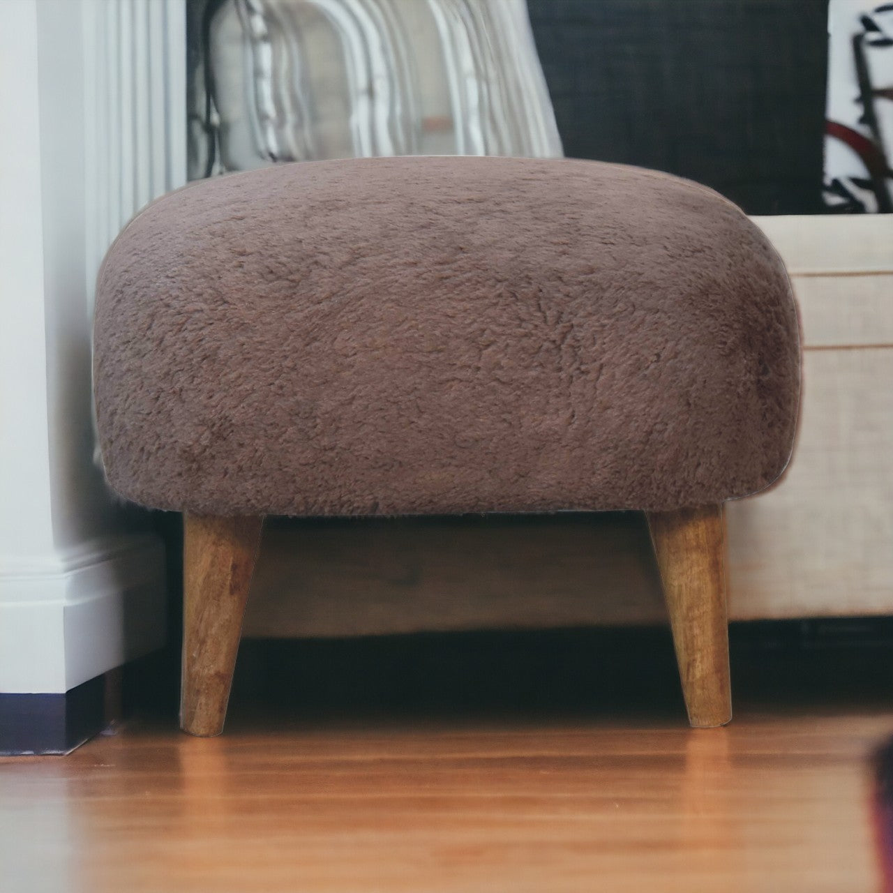 Mocha Faux Fur Square Stool