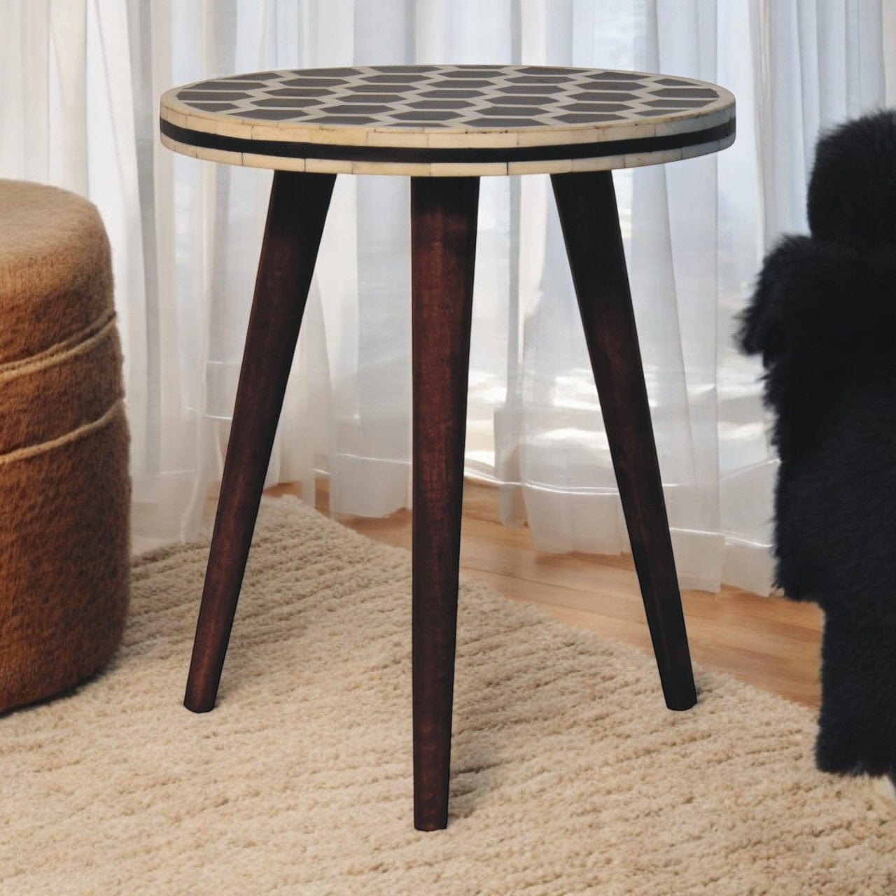 Artisan Furniture Bone Inlay Tripod Stool With Honey Caramel Finish