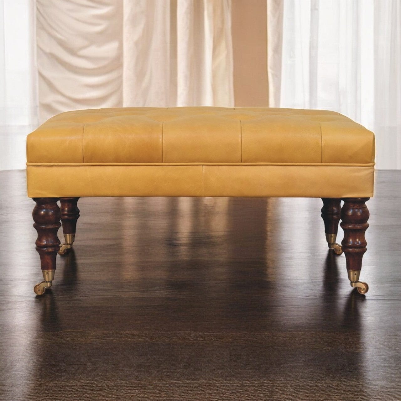 Artisan Furniture Honey Caramel Buffalo Ash Black Leather Ottoman with Castor Legs