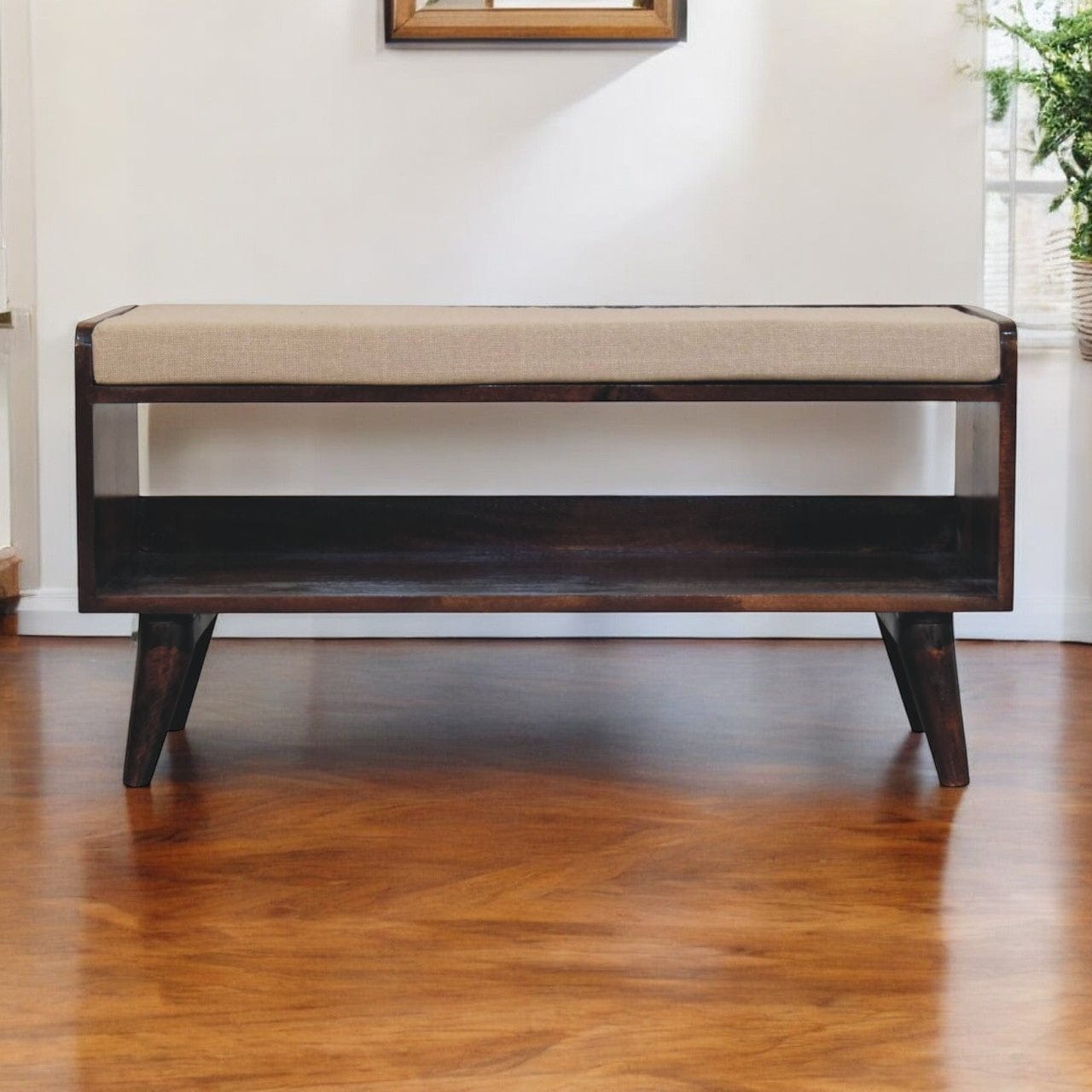 Artisan Furniture California Walnut bench with mud linen seat pad