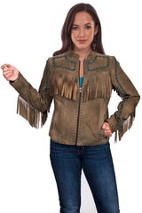 Scully Leather Womens leatherwear olive fringe/beaded jacket