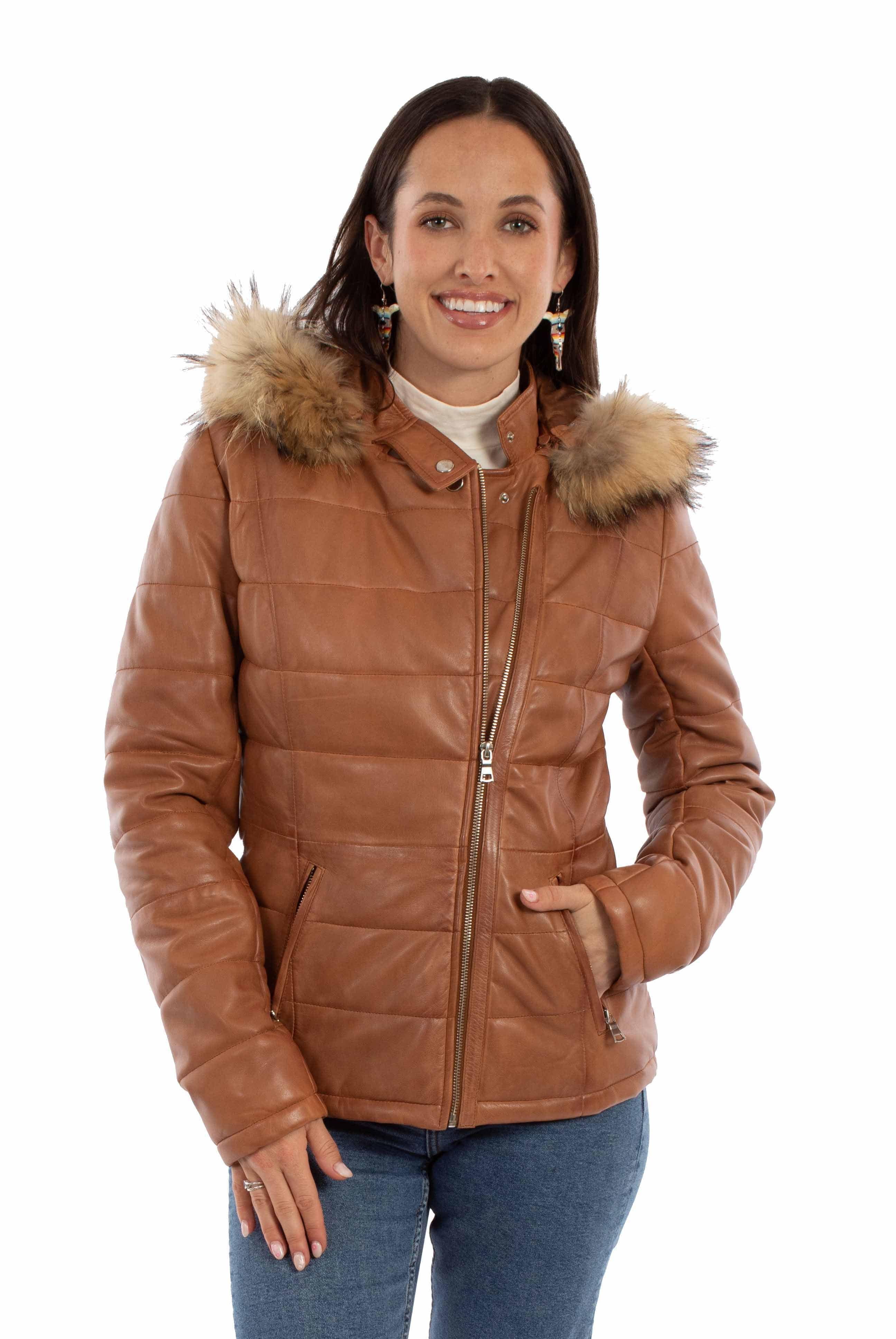 leatherwear womens cognac 90% leather 10% polyester ladies leather puffy jacket