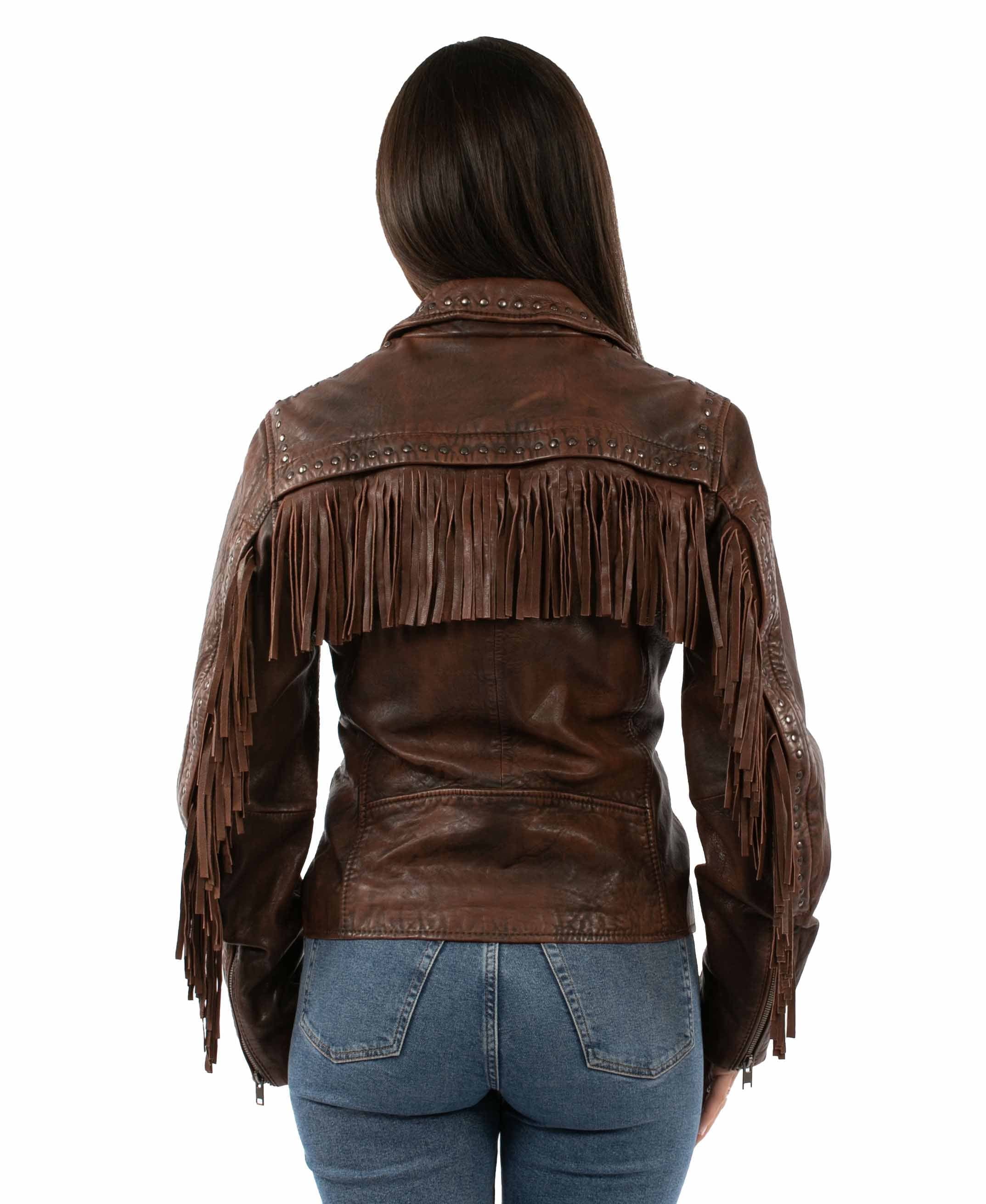 leatherwear womens cognac 100% leather ladies studded fringe jacket