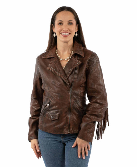 leatherwear womens cognac 100% leather ladies studded fringe jacket