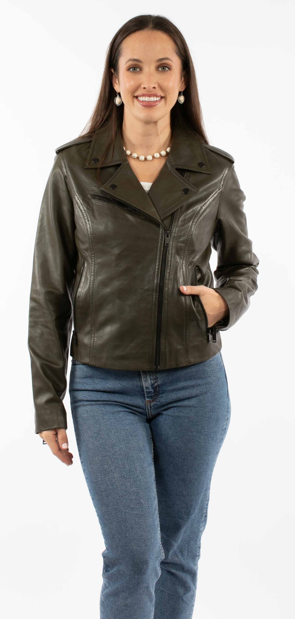 leatherwear womens olive 100% leather ladies mc jacket