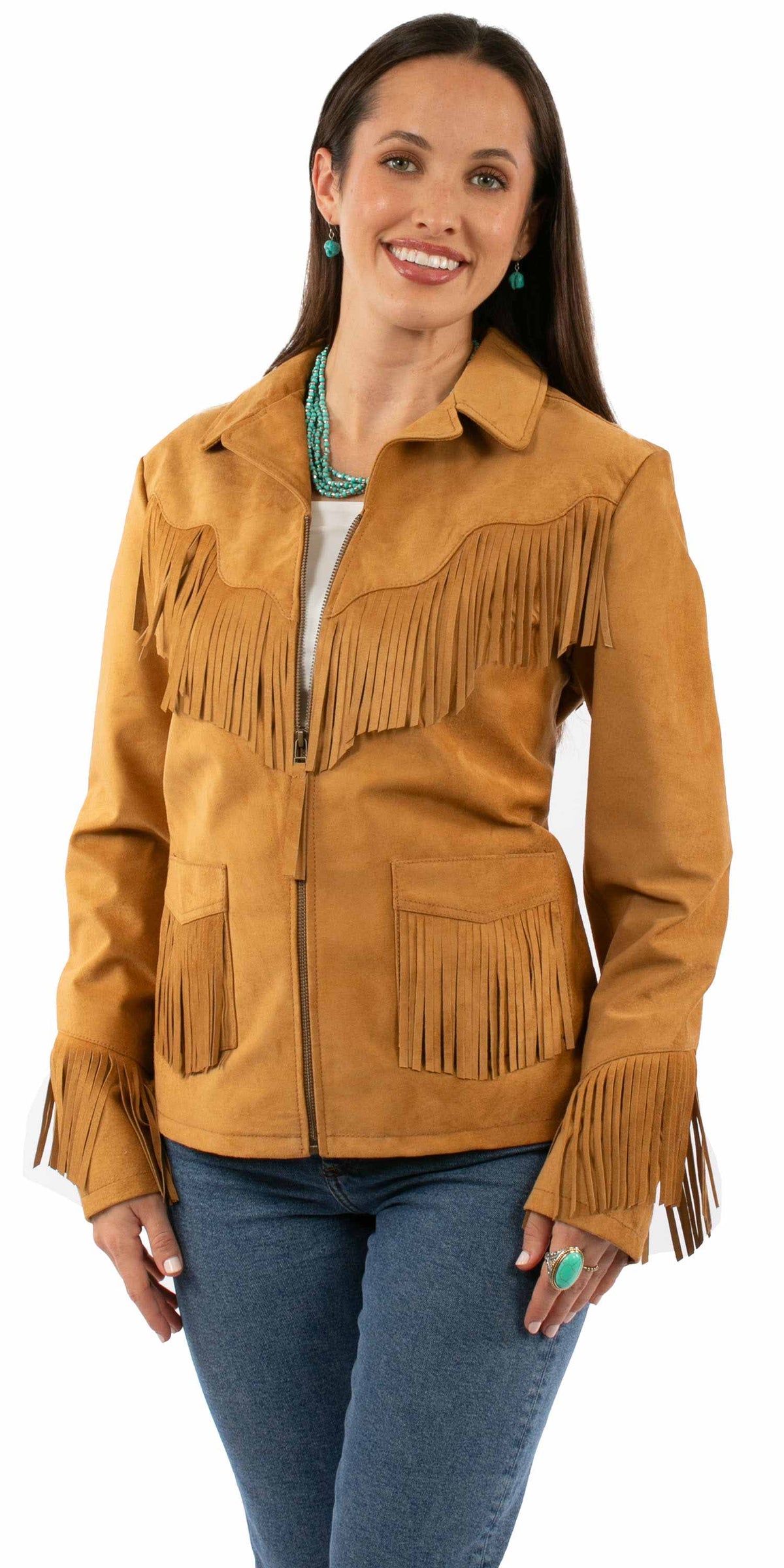 leatherwear womens tan 100% leather ladies fringe embro