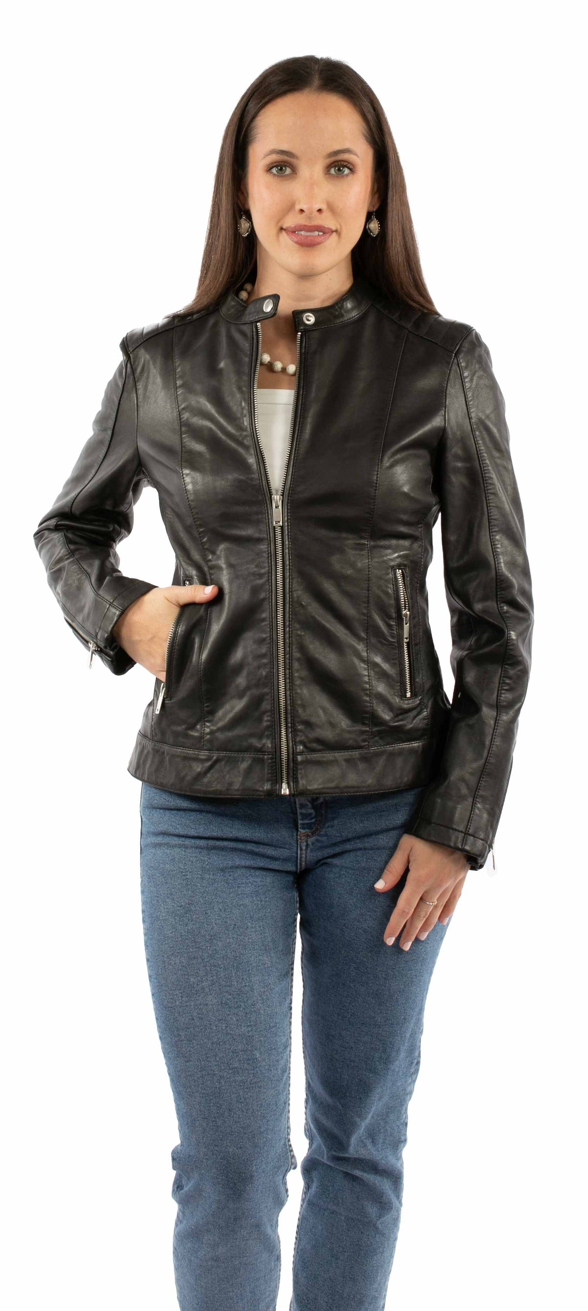 leatherwear womens black lamb 100% leather ladies mc jacket