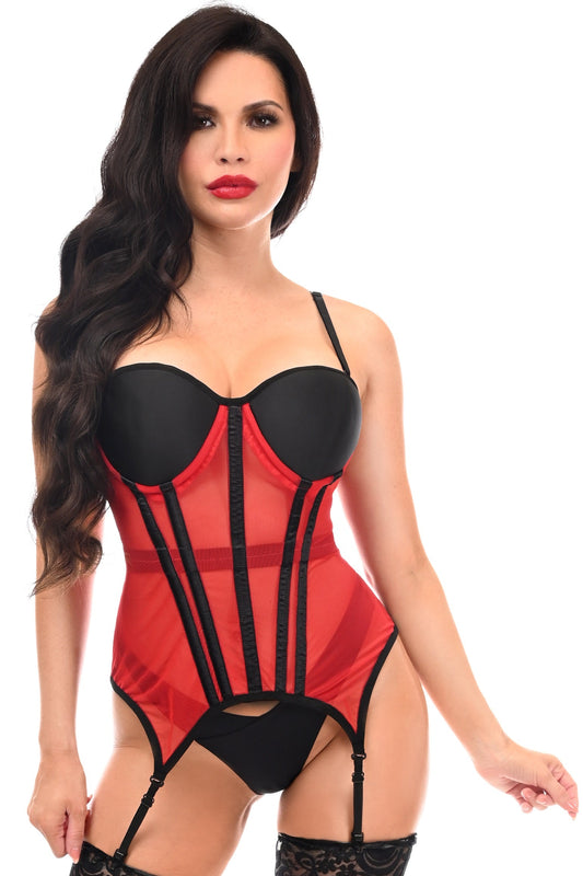 Daisy Corsets Lavish Red/Black Mesh Underwire Bustier Corset w/Garters