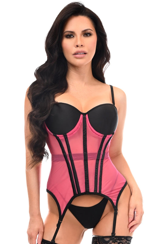 Daisy Corsets Lavish Pink/Black Mesh Underwire Bustier Corset w/Garters - Daisy Corsets