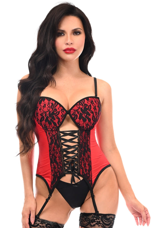 Daisy Corsets Lavish Red/Black Lycra & Lace Hook & Eye Lace-Up Bustier Corset w/Garters