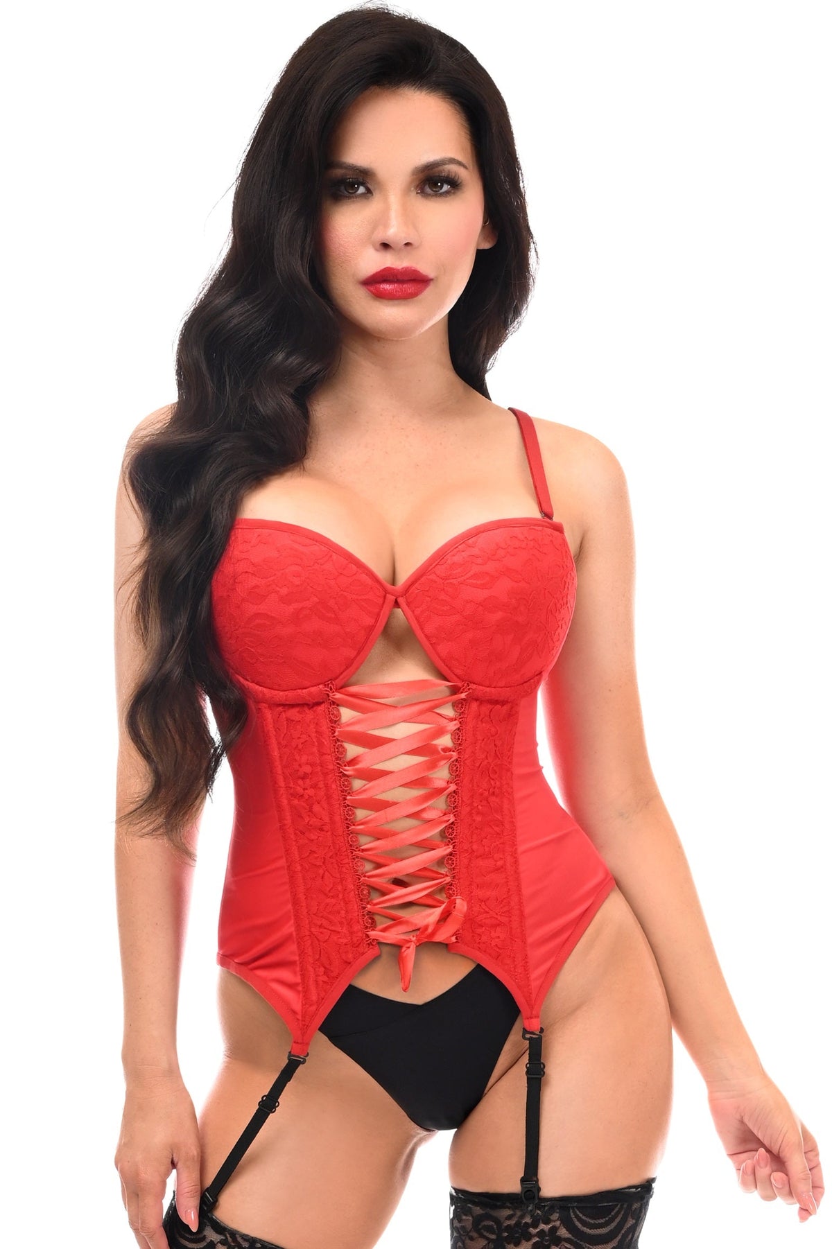 Daisy Corsets Lavish Red Lycra & Lace Hook & Eye Lace-Up Bustier Corset w/Garters