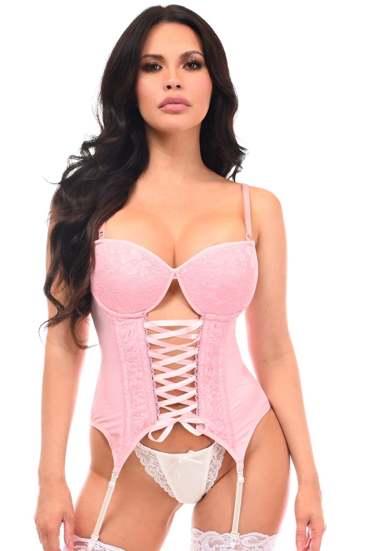 Daisy Corsets Lavish Lt Pink Lycra & Lace Hook & Eye Lace-Up Bustier Corset w/Garters