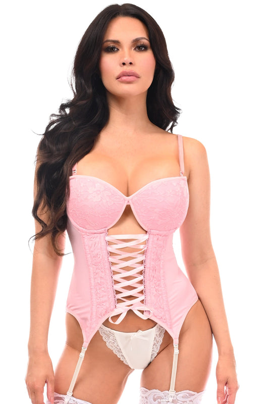 Daisy Corsets Lavish Lt Pink Lycra & Lace Hook & Eye Lace-Up Bustier Corset w/Garters - Daisy Corsets