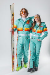 The Midday Aprés | Teal and Orange Retro Stripe One Piece Ski Suit