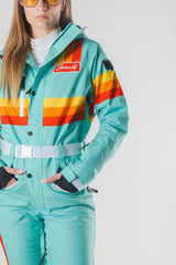 The Midday Aprés | Teal and Orange Retro Stripe Women's One Piece Ski Suit