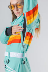 The Midday Aprés | Teal and Orange Retro Stripe Women's One Piece Ski Suit