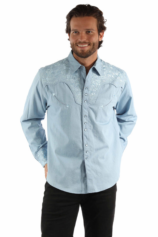 Scully Leather Light Blue Floral Tooled Embroidery Shirt