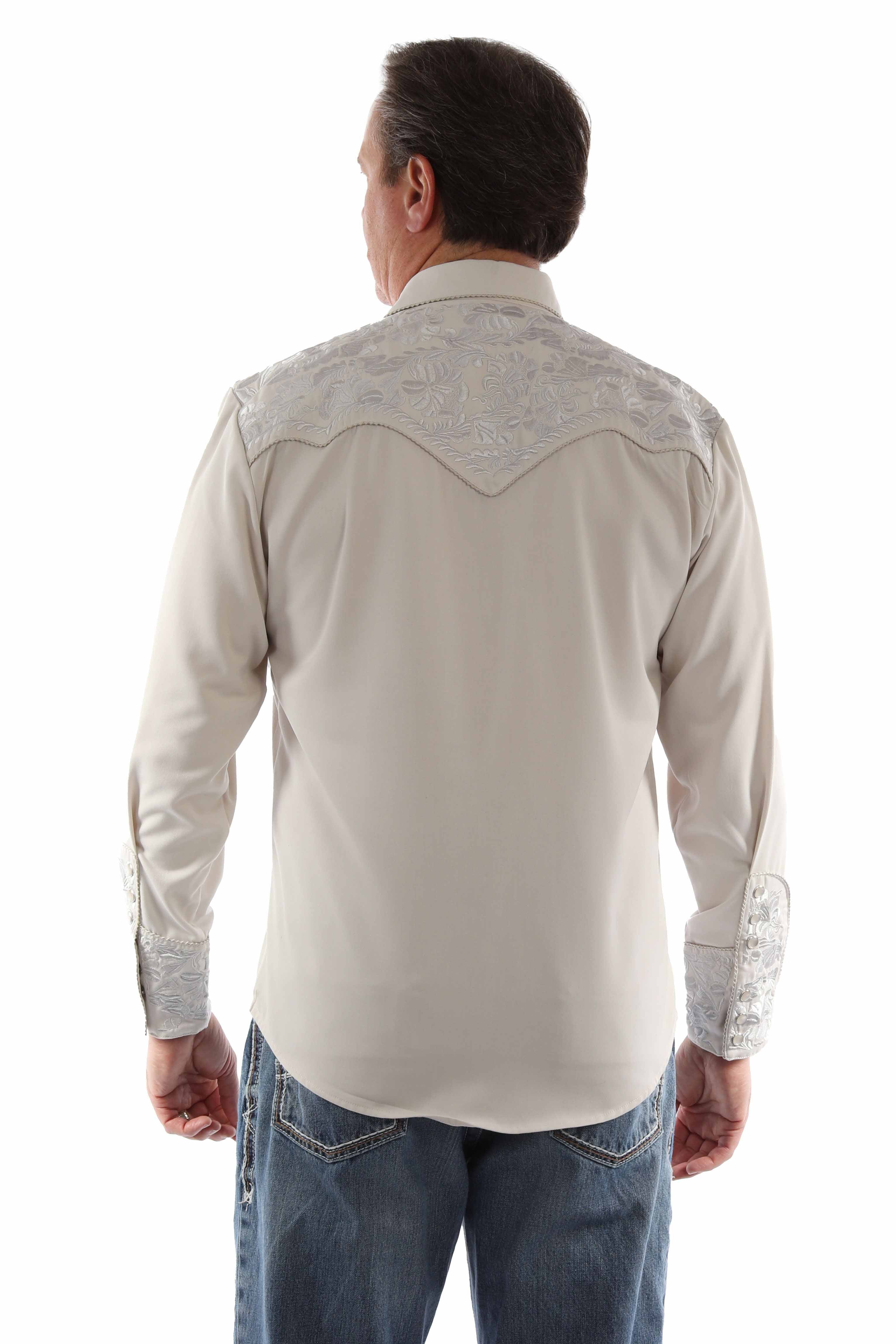 Scully Leather Light Grey Floral Tooled Embroidery Shirt P-634