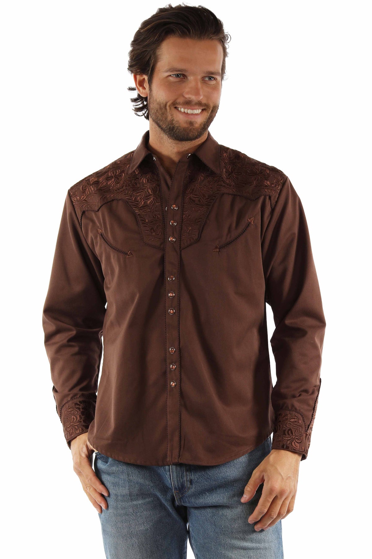 Scully Leather mocha floral tooled embroidery shirt