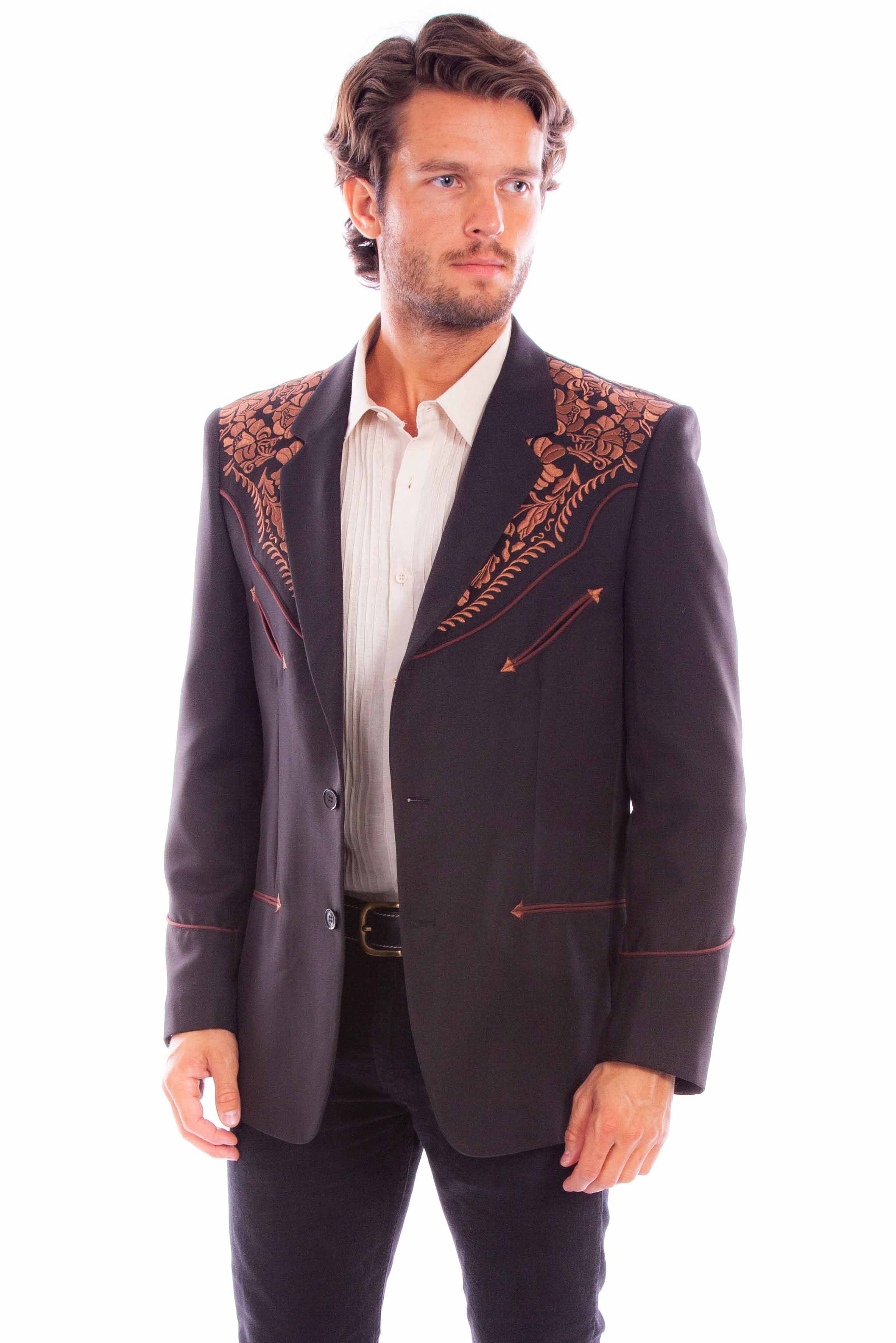 Western Scully Black-Brown Floral Embroidered Blazer