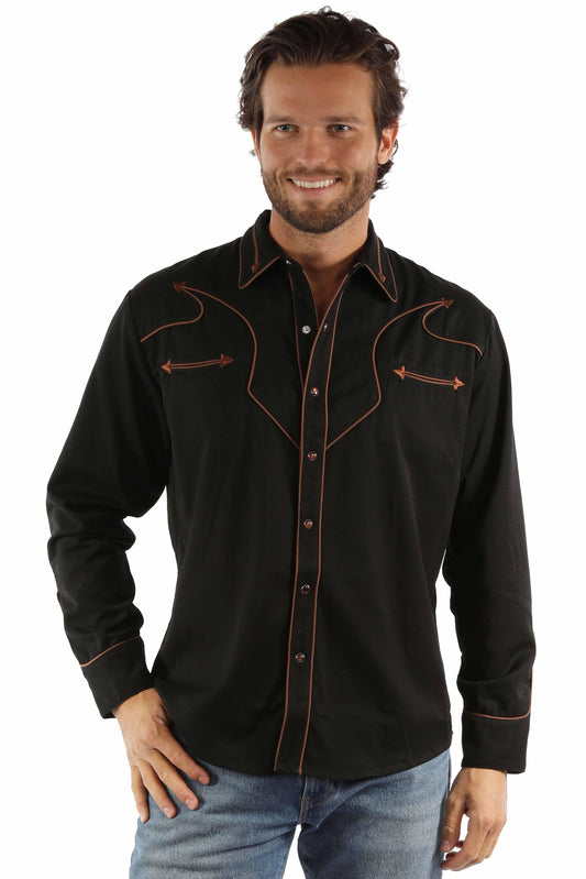 western scully black 65% polyester 35% rayon solid shirt with piping & arrows