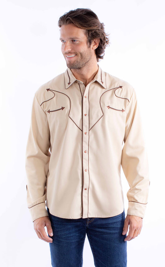 Scully Leather tan solid shirt with piping & arrows