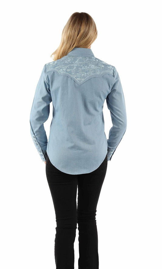 western scully light blue 35% rayon 65% polyester floral tooled emb. blouse